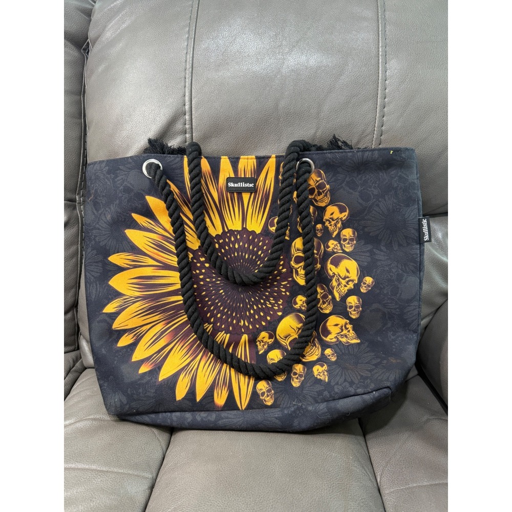 Skullistic Sunflower Skull Canvas Tote Bag and Wristlet Set‎ Black Yellow Goth